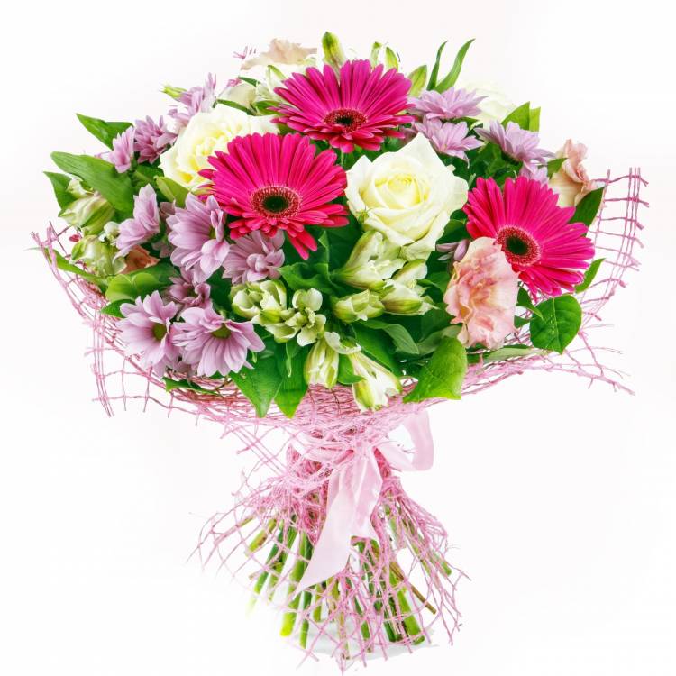 Сборный букет из гербер, альстромерий, хризантем и лизиантусов Сборный букет из гербер, альстромерий, хризантем и лизиантусов